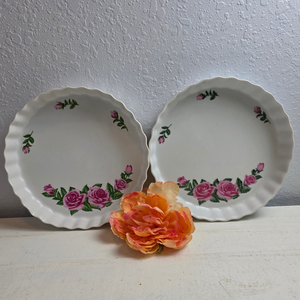 Vintage Christineholm Porcelain Rose Fluted Quiche Dishes Tart Plates Set‎ of 2